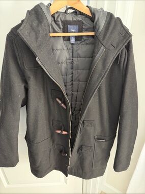 GAP Black Toggle Wool-Blend Pea Coat with Hood